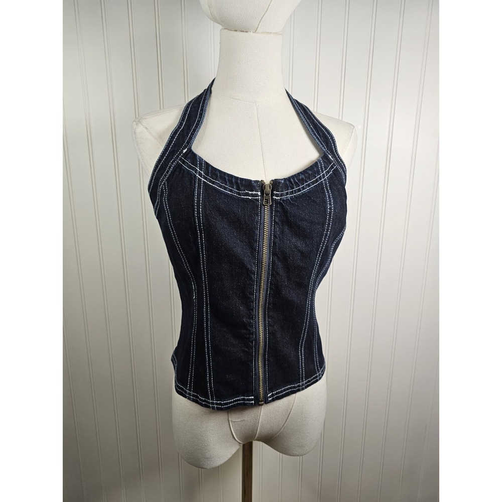 Pilcro Anthropologie Denim Halter Front Zip Top Women's M NWT Boho Festival